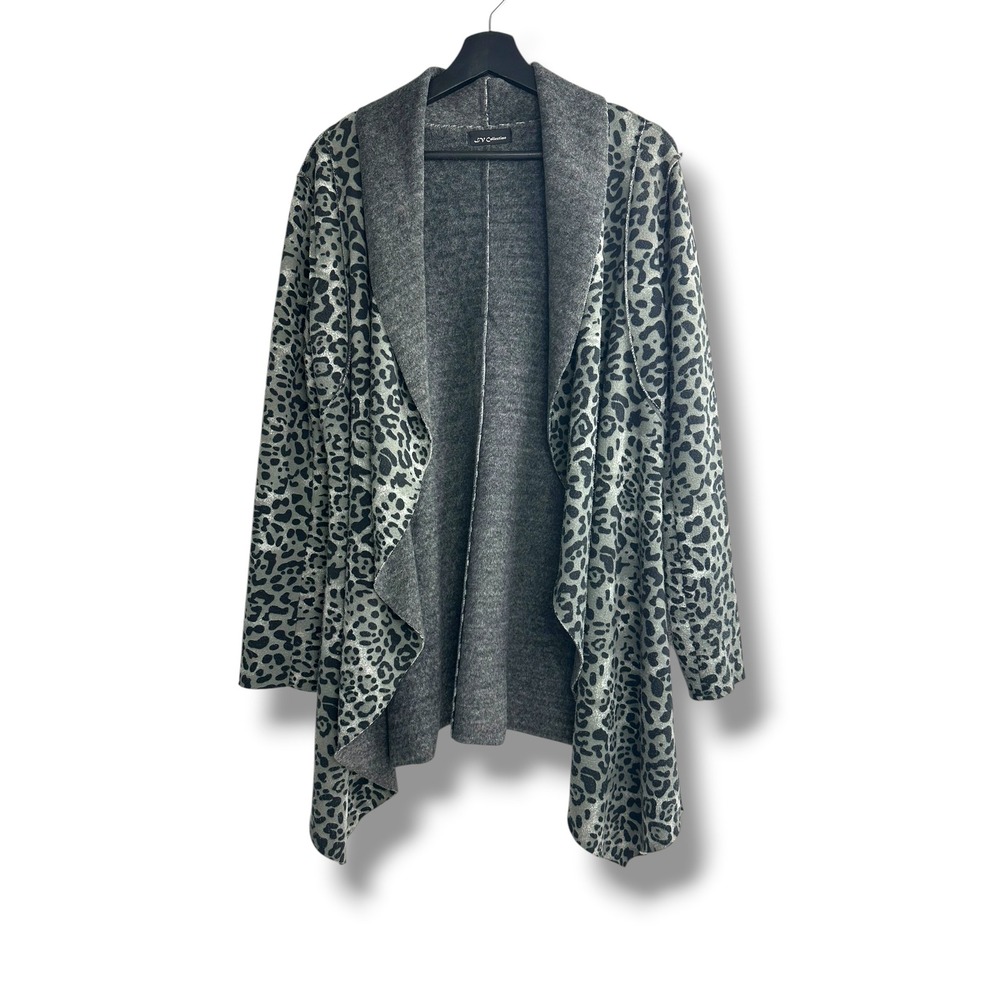 LV Collection Grey Leopard Print Open Front Waterfall Cardigan Sweater Womens